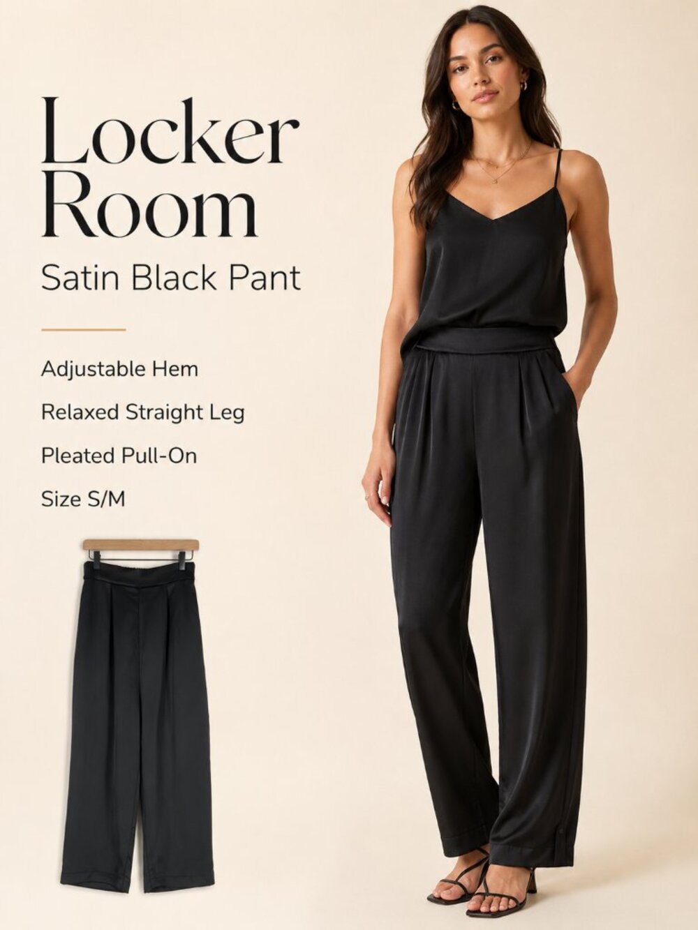 Locker Room Satin Black Adjustable Hem Relaxed Straight Leg Pleated Pull-On Pant